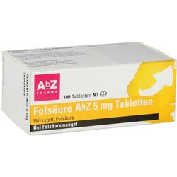 Eine Packung mit 100 Folsäuretabletten, 5 mg, von AbZ Pharma.