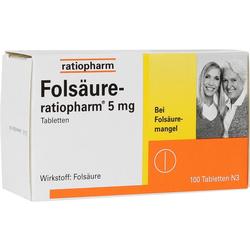 Eine Packung Tabletten gegen Folsäuremangel von ratiopharm.