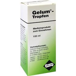 Weiße Verpackung von Gelum-Tropfen, einem Medizinprodukt zum Einnehmen, 100 ml.