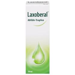 Weiße Packung mit grüner Wassertröpfchen-Grafik und der Aufschrift „Laxoberal Abführ-Tropfen".