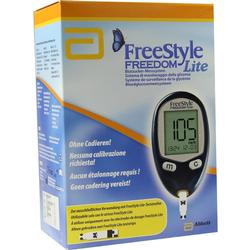 Verpackung eines Blutzuckermessgeräts mit großer Schrift "FreeStyle Freedom Lite" darauf.