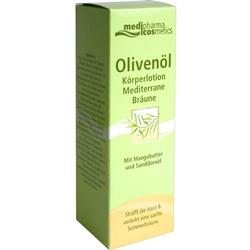 Grüne Verpackung einer Olivenöl-Körperlotion für mediterrane Bräune.
