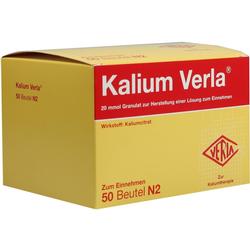 Gelbe Packung Kalium Verla mit 50 Beuteln zur Einnahme von Kaliumcitrat.