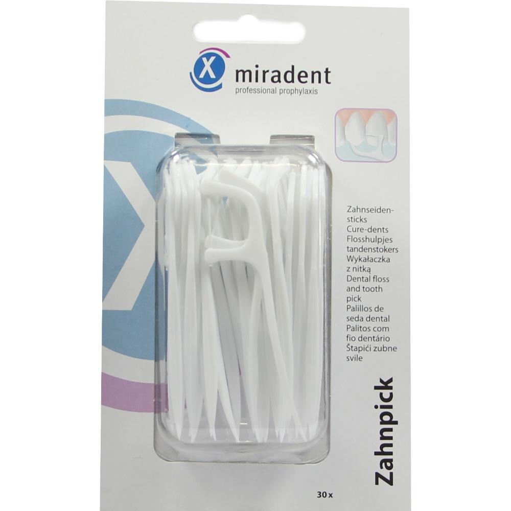 Eine Packung mit 30 weißen Zahnseidensticks der Marke Miradent.