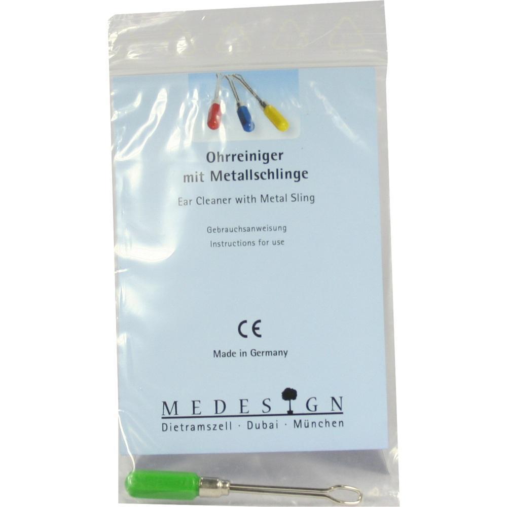 Verpackung mit einem Ohrreiniger aus Metall und grünem Griff.