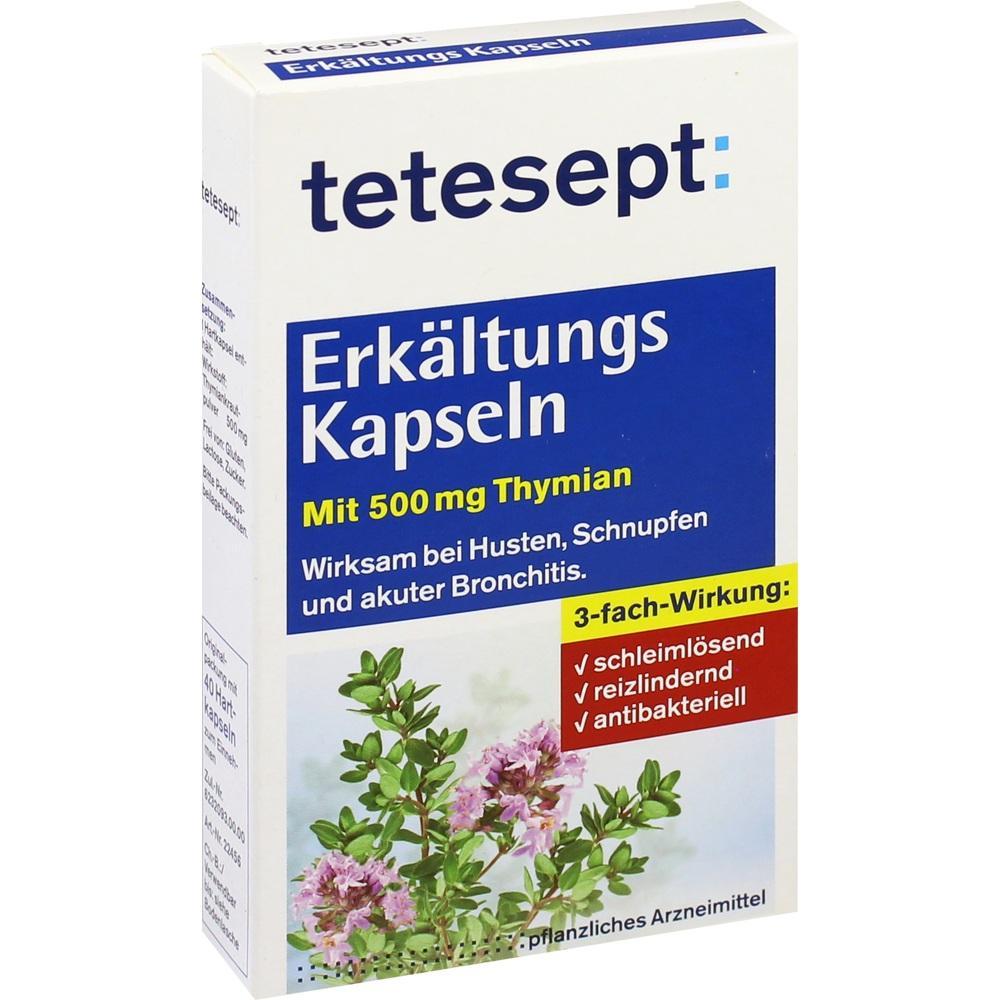 Ein weißer Karton mit Erkältungskapseln aus Thymian zur Linderung von Erkältungssymptomen.