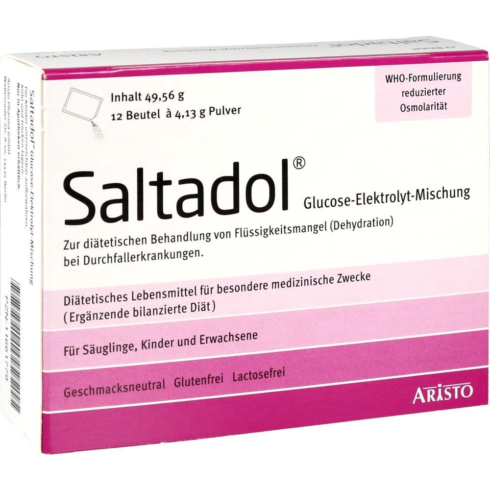 Eine Packung Saltadol zur Behandlung von Flüssigkeitsmangel und Durchfall.