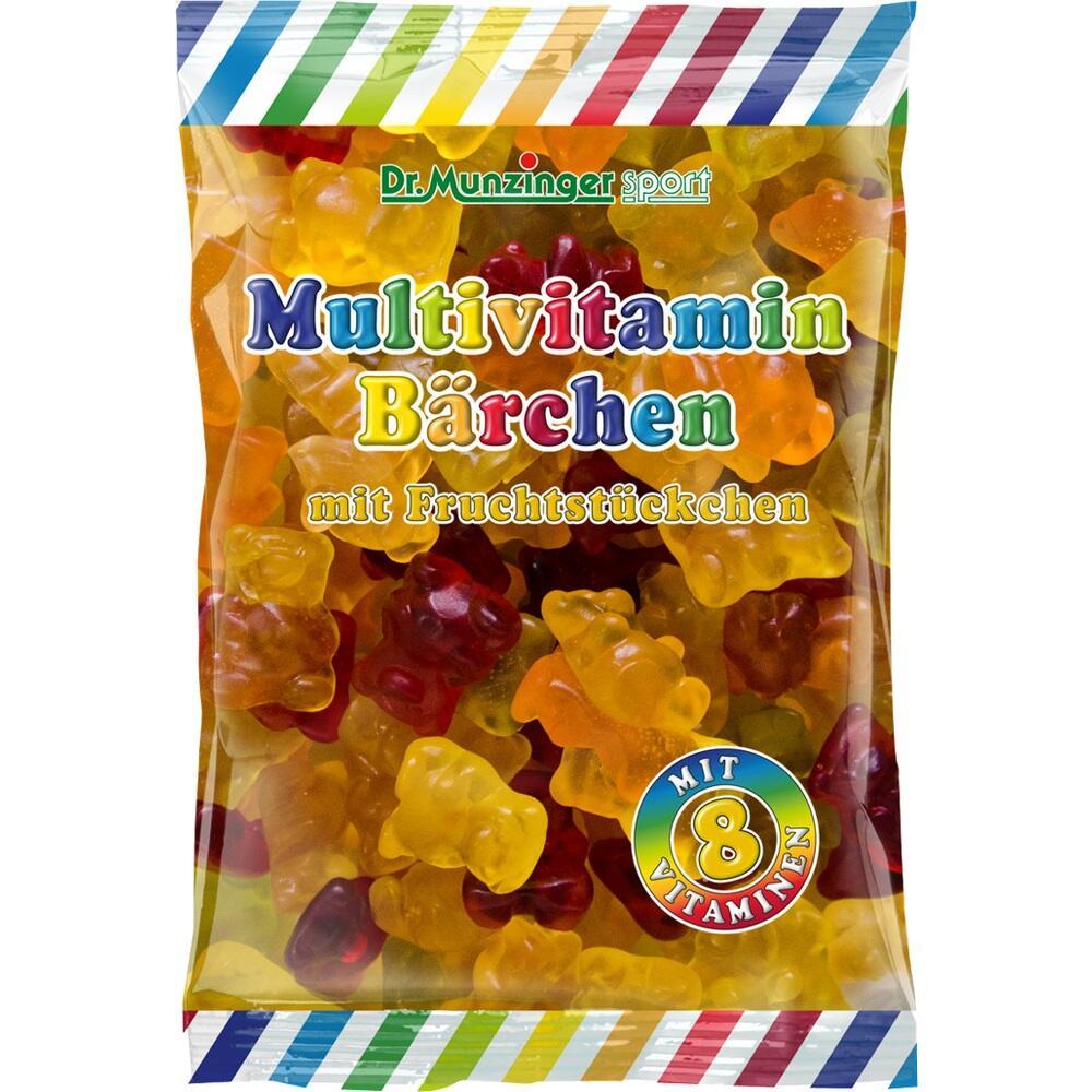 Eine bunte Tüte mit Multivitamin-Gummibärchen und Fruchtstückchen.