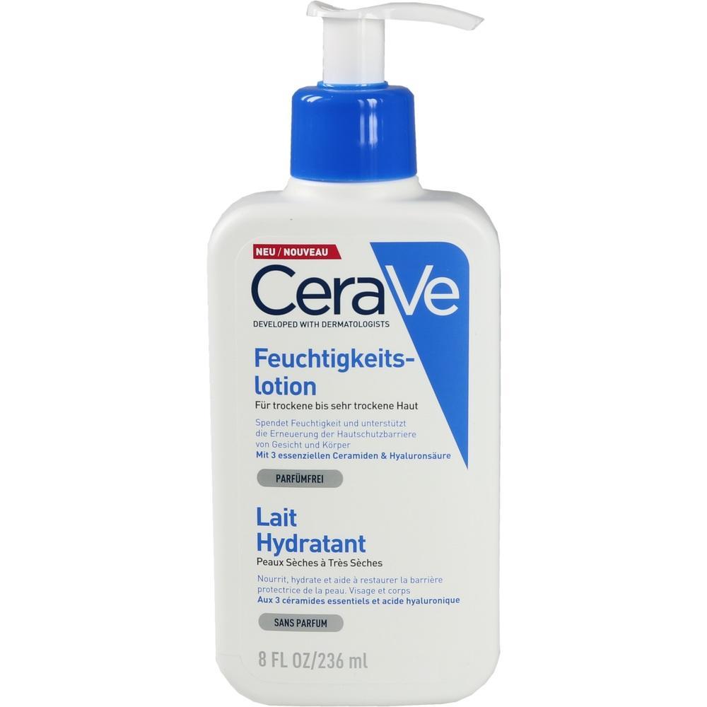 Eine Flasche CeraVe Feuchtigkeitspflege für trockene Haut mit Pumpspender.