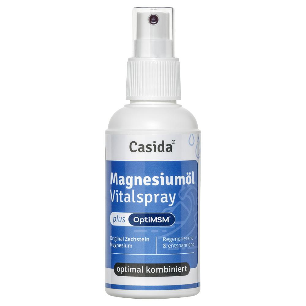 Eine weiße Sprühflasche mit blauem Etikett für Magnesium-Öl Vitalspray.