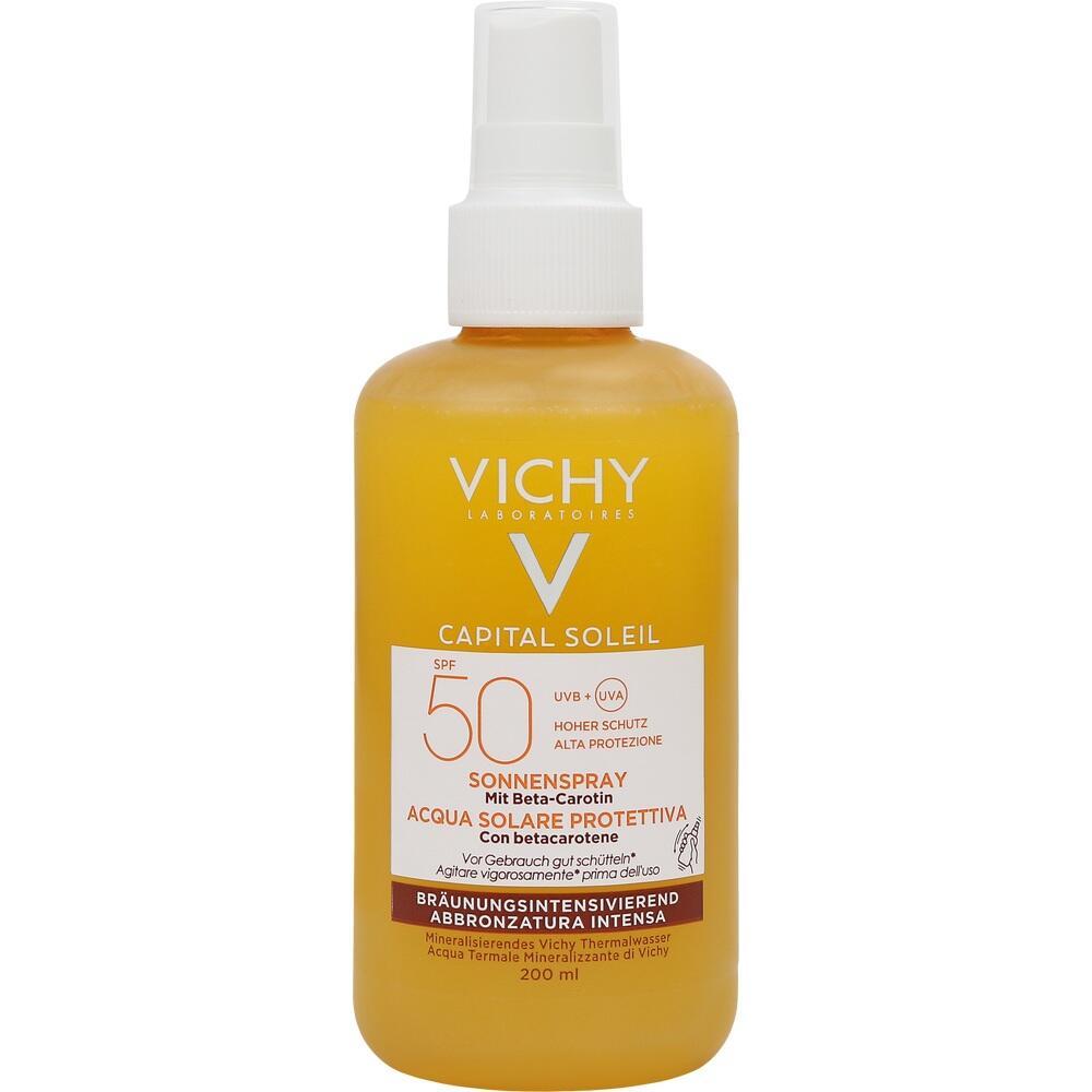 Gelbes Sonnenspray mit LSF 50 von Vichy in einer Flasche mit Sprühkopf.