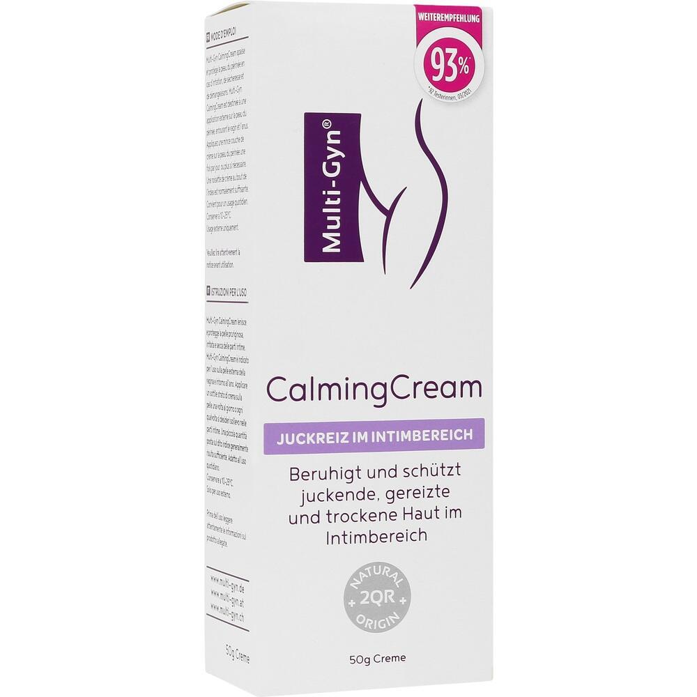 Eine weiße Verpackung einer Creme gegen Juckreiz im Intimbereich mit lila Text.