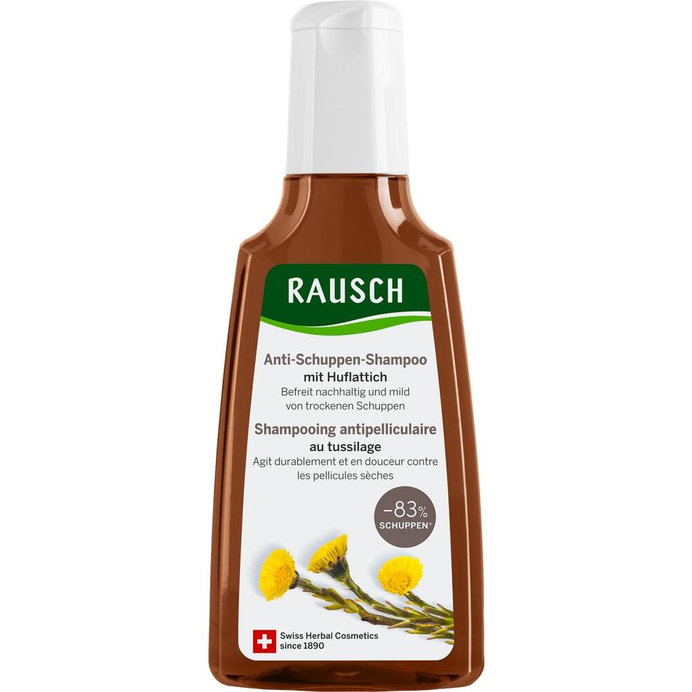 Braune Flasche mit Rausch Anti-Schuppen-Shampoo und Huflattich-Blüten.