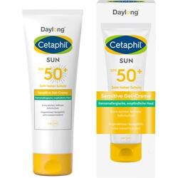 Eine Sonnencreme mit SPF 50+ für empfindliche Haut in einer weißen Tube mit gelbem Deckel.