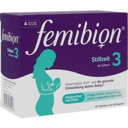 Lila Verpackung von Femibion Stillzeit 3 mit einer Mutter, die ein Baby hält.