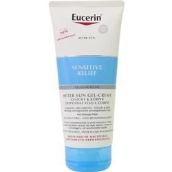 Eine Tube After-Sun-Gel mit blauem und weißem Etikett.