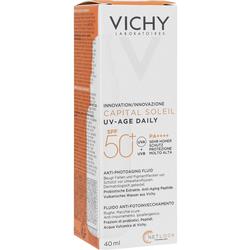 Sonnencreme von Vichy mit Lichtschutzfaktor 50+ in einer weißen Verpackung.