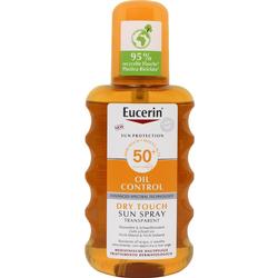 Orangenes Sonnenspray-Flasche mit LSF 50+ für trockene und ölige Haut.