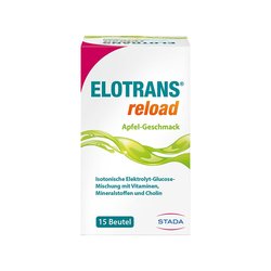 Packung mit 15 Beuteln eines Getränkepulvers im Apfelgeschmack.