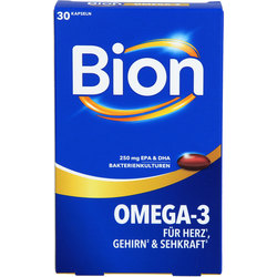 Blaues Bion Omega-3 Verpackung mit 30 Kapseln für Herz, Gehirn und Sehkraft.